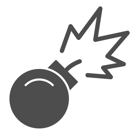 Bomb with bickford fuse solid icon. Bomb with lit fuse vector illustration isolated on white. Boom glyph style design, designed for web and app. Eps 10のイラスト素材