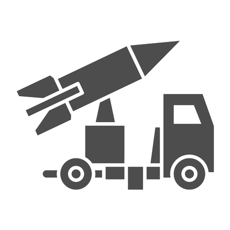 Truck with rocket solid icon. Rocket launch vector illustration isolated on white. Transport glyph style design, designed for web and app. Eps 10のイラスト素材