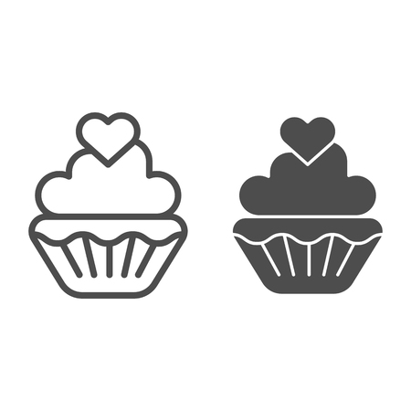 Valentine muffin line and glyph icon. Sweet cupcake sign vector illustration isolated on white. Cake with heart outline style design, designed for web and app. Eps 10のイラスト素材