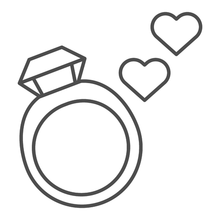 Wedding ring thin line icon. Ring with gemstone vector illustration isolated on white. Jewelry with hearts outline style design, designed for web and app. Eps 10のイラスト素材