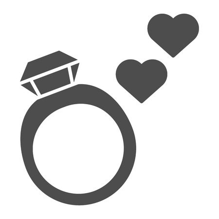 Wedding ring solid icon. Ring with gemstone vector illustration isolated on white. Jewelry with hearts glyph style design, designed for web and app. Eps 10のイラスト素材