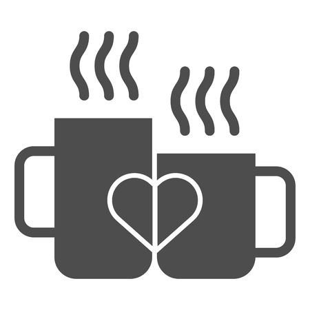 Love mugs solid icon. Cups with heart vector illustration isolated on white. Two valentine mugs glyph style design, designed for web and app. Eps 10のイラスト素材