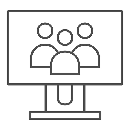 Group of people on monitor screen thin line icon. Team on screen vector illustration isolated on white. People outline style design, designed for web and app. Eps 10.のイラスト素材