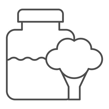 Glass jar baby food thin line icon. Broccoli in jar vector illustration isolated on white. Natural vegetable baby nutrition outline style design, designed for web and app. Eps 10のイラスト素材