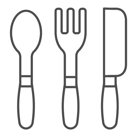 Cutlery thin line icon. Kitchen tools vector illustration isolated on white. Fork, knife and spoon outline style design, designed for web and app. Eps 10のイラスト素材