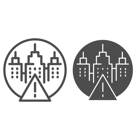 Attention mark and city landscape line and glyph icon. Warning sign and skyscrapers vector illustration isolated on white. Metropolis alert outline style design, designed for web and app. Eps 10.のイラスト素材