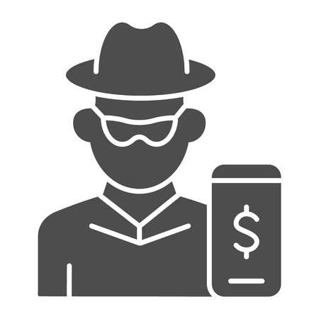 Hacker on smartphone solid icon. Mobile phone with thief vector illustration isolated on white. Online robber glyph style design, designed for web and app. Eps 10のイラスト素材