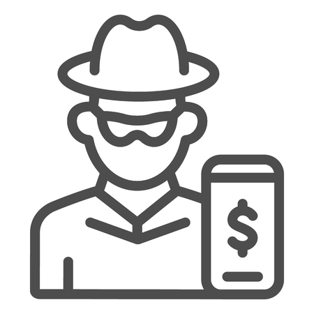 Hacker on smartphone line icon. Mobile phone with thief vector illustration isolated on white. Online robber outline style design, designed for web and app. Eps 10のイラスト素材
