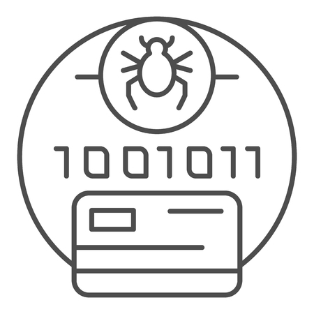 Digital code infected thin line icon. Credit card virus password vector illustration isolated on white. Password with bug outline style design, designed for web and app. Eps 10のイラスト素材