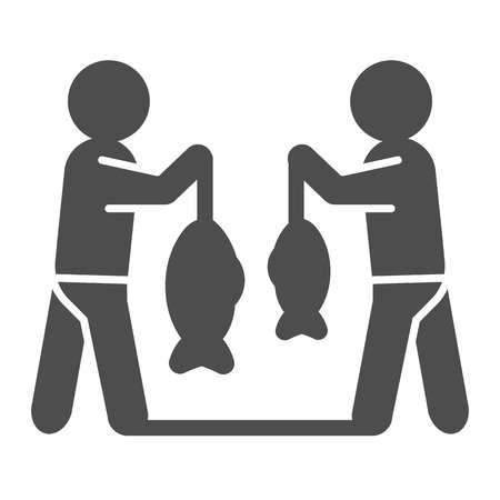 Fisherman competition solid icon. Fishing sport illustration isolated on white. Two men fishing glyph style design, designed for web and app. Eps 10のイラスト素材