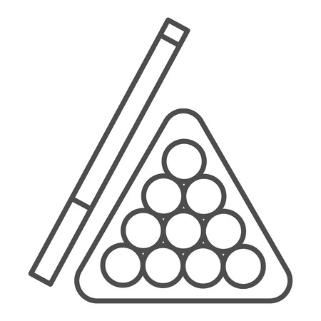 Billiards thin line icon. Pool cue and balls vector illustration isolated on white. Play outline style design, designed for web and app.のイラスト素材