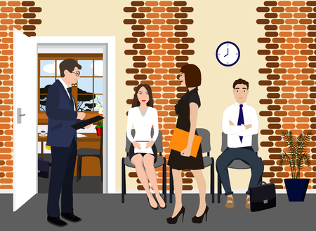 Hr manager with employee in the hall vector icon. Profession of a manager concept illustration. Man in the suit with workers in the office realistic style design, designed for web and app.のイラスト素材