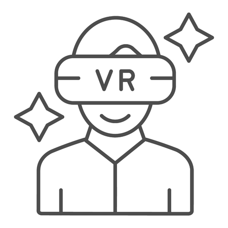 Virtual reality mask on a guy thin line icon. Vr glasses and man vector illustration isolated on white. Vr headset outline style design, designed for web and app.のイラスト素材