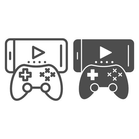 Joystick and mobile phone line and glyph icon. Portable games vector illustration isolated on white. Mobile games with game pad outline style design, designed for web and appのイラスト素材