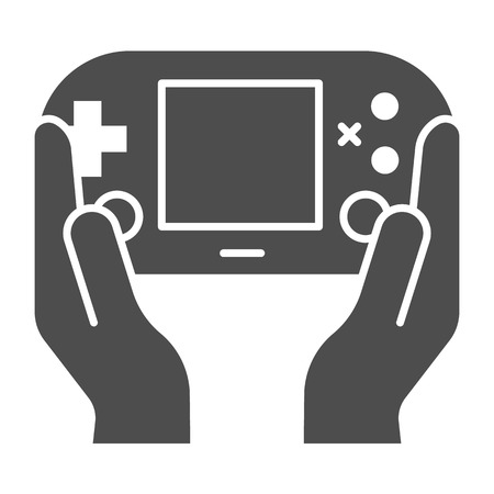 Game pad in hands solid icon. Joy pad in arms vector illustration isolated on white. Gaming glyph style design, designed for web and app.のイラスト素材