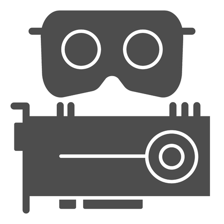 VR headset and cpu solid icon. Virtual reality mask and video card vector illustration isolated on white. Vr goggles and chip glyph style design, designed for web and app.のイラスト素材