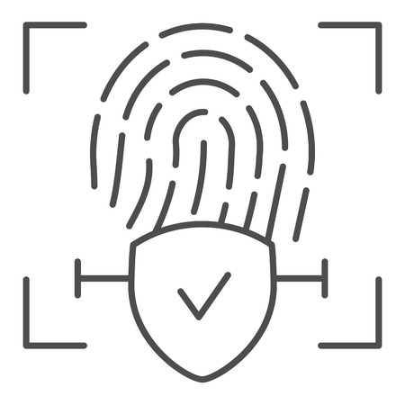 Checked fingerprint thin line icon. Finger identification approved vector illustration isolated on white. Check with fingerprint outline style design, designed for web and app.のイラスト素材