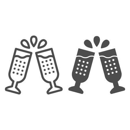 Two glasses of champagne line and glyph icon. Clink glasses vector illustration isolated on white. Drink outline style design, designed for web and app.のイラスト素材