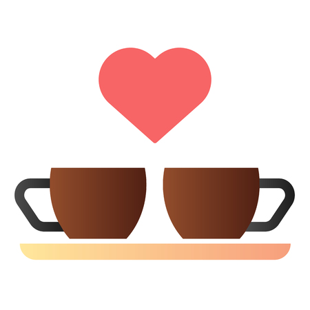 Heart and two coffee cups flat icon. Two mugs and heart color icons in trendy flat style. Romantic drink gradient style design, designed for web and app.のイラスト素材