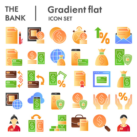 Bank flat icon set, finance symbols collection, vector sketches, logo illustrations, payment signs color gradient pictograms package isolated on white background, eps 10.のイラスト素材