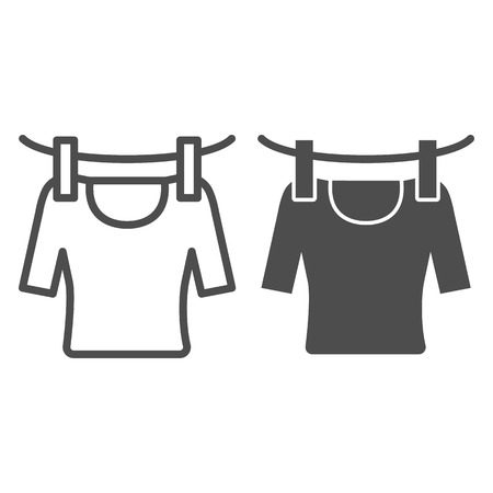 Tshirt on rope line and glyph icon. Drying tshirt vector illustration isolated on white. Laundry outline style design, designed for web and app.のイラスト素材