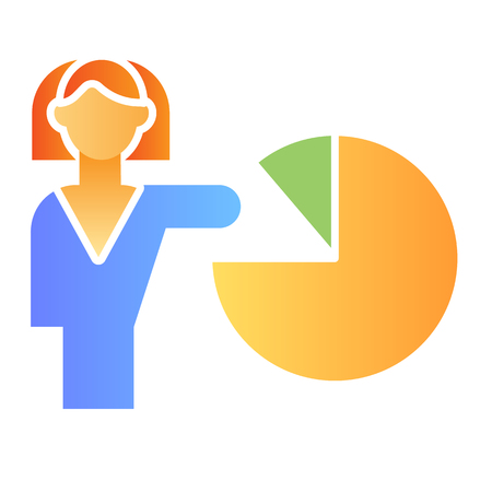 Woman pointing at chart flat icon. Pie graph color icons in trendy flat style. Girl shows presentation gradient style design, designed for web and app. Eps 10のイラスト素材