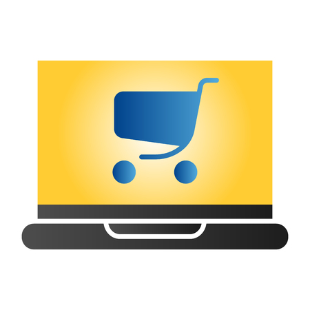 Laptop with cart flat icon. Notebook with shopping trolley color icons in trendy flat style. Online shopping gradient style design, designed for web and app. Eps 10.のイラスト素材