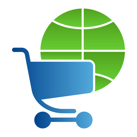 Globe with shopping cart flat icon. Global market color icons in trendy flat style. Planet and trolley gradient style design, designed for web and app. Eps 10.のイラスト素材