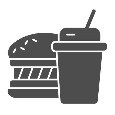 Fast food solid icon. Hamburger and drink vector illustration isolated on white. Meal glyph style design, designed for web and appのイラスト素材