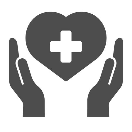Hands with heart and cross solid icon. Donation vector illustration isolated on white. Heart in arns glyph style design, designed for web and app.のイラスト素材