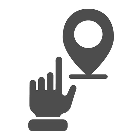Hand pointing location solid icon. Hand with map pin vector illustration isolated on white. Navigation glyph style design, designed for web and app.のイラスト素材