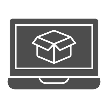 Laptop with box on screen solid icon. Notebook with cardboard box vector illustration isolated on white. Parsel on computer glyph style design, designed for web and app.のイラスト素材