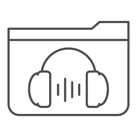 Music folder thin line icon. Media vector illustration isolated on white. Folder with headphones outline style design, designed for web and app.のイラスト素材