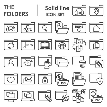 Folder line icon set, computer folders symbols collection, vector sketches, logo illustrations, files signs linear pictograms package isolated on white backgroundのイラスト素材