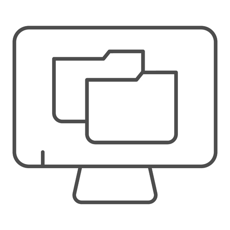 Monitor with folder thin line icon. File folder on pc vector illustration isolated on white. Computer folder outline style design, designed for web and app.のイラスト素材