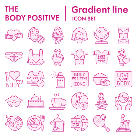 Body positive flat icon set, overweight symbols collection, vector sketches, logo illustrations, figure signs pink gradient pictograms package isolated on white backgroundのイラスト素材