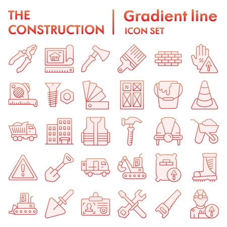Construction flat icon set, repair symbols collection, vector sketches, logo illustrations, building signs red gradient pictograms package isolated on white backgroundのイラスト素材