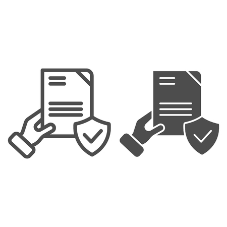 Document verified in hand line and glyph icon. Checked agreement vector illustration isolated on white. Form with tick outline style design, designed for web and app. Eps 10.のイラスト素材