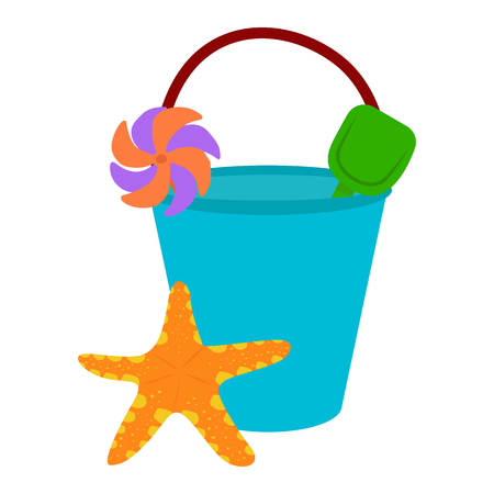 Beach bucket vector icon on a white background. Bucket with starfish illustration isolated on white. Small bucket with shovel realistic style design, designed for web and app. Eps 10.のイラスト素材