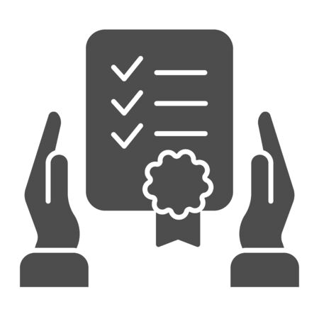 Certificate in hands solid icon. Warranty list vector illustration isolated on white. Document certified glyph style design, designed for web and app. Eps 10.のイラスト素材
