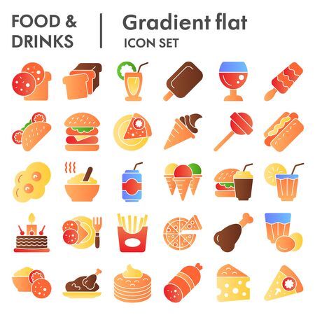 Food and drinks flat icon set, meal symbols collection, vector sketches, logo illustrations, eating signs color gradient pictograms package isolated on white backgroundのイラスト素材