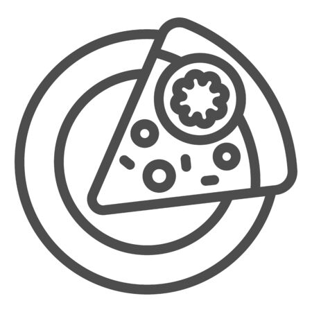 Slice of pizza on a plate line icon. Fast food vector illustration isolated on white. Pepperoni outline style design, designed for web and app. Eps 10.のイラスト素材