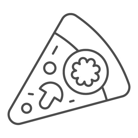 Slice of pizza thin line icon. Pizza with mushrooms vector illustration isolated on white. Fast food outline style design, designed for web and app. Eps 10.のイラスト素材