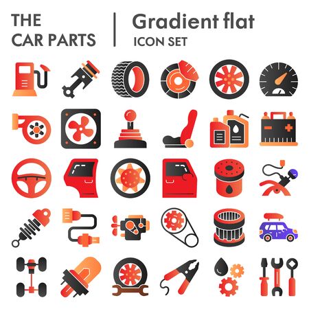 Car parts flat icon set, auto details symbols collection, vector sketches, logo illustrations, automotive repair signs color gradient pictograms package isolated on  background,  .のイラスト素材