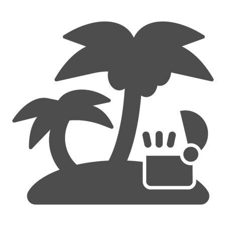 Open treasure chest on island solid icon. Tropical island with palm vector illustration isolated on white. Island with ancient chest glyph style design, designed for web and app. Eps 10.のイラスト素材