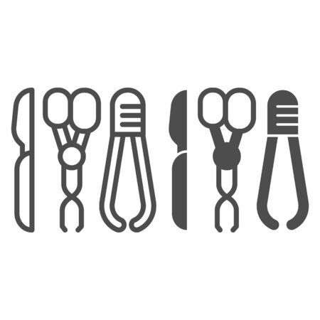 Medical scalpel, scissors and tweezers line and glyph icon. Surgical instruments vector illustration isolated on white. Doctors equipment outline style design, designed for web and app. Eps 10.のイラスト素材