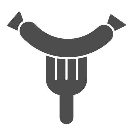 Sausage on fork solid icon. Grill sausage vector illustration isolated on white. Hot sausage glyph style design, designed for web and app. Eps 10.のイラスト素材