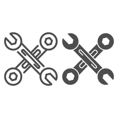 Crossed wrenches line and glyph icon. Work tools vector illustration isolated on white. Crossed spanners outline style design, designed for web and app.のイラスト素材