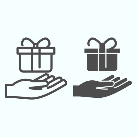 Present giving line and solid icon. A present on a hand vector illustration isolated on white. Giving a gift box outline style design, designed for web and app.のイラスト素材