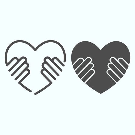 Heart in hands line and solid icon. Love in your hands vector illustration isolated on white. Hands holding heart outline style design, designed for web and app.のイラスト素材